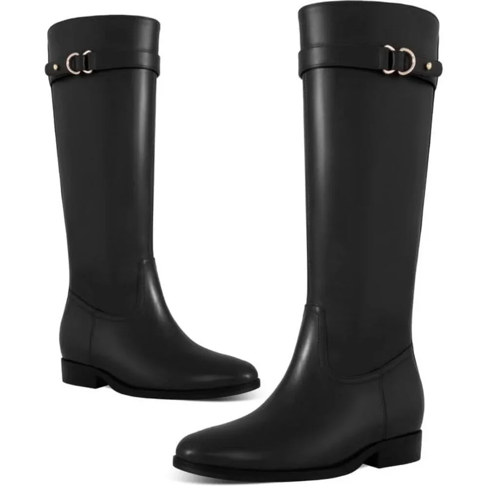 Women's 3/black Flat Round Toe Low Heel Comfortable Side Zipper Knee High Boots